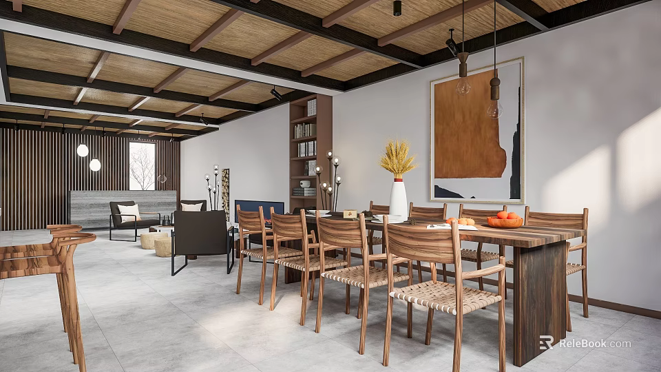 Warm Modern Hotel Public Lounge Area With Wooden Ceiling Pendant Lights And Wooden Tables Chairs 3d model 