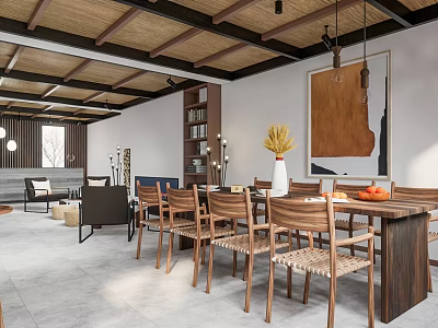 Warm Modern Hotel Public Lounge Area With Wooden Ceiling Pendant Lights And Wooden Tables Chairs 3d model
