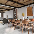 Warm Modern Hotel Public Lounge Area With Wooden Ceiling Pendant Lights And Wooden Tables Chairs