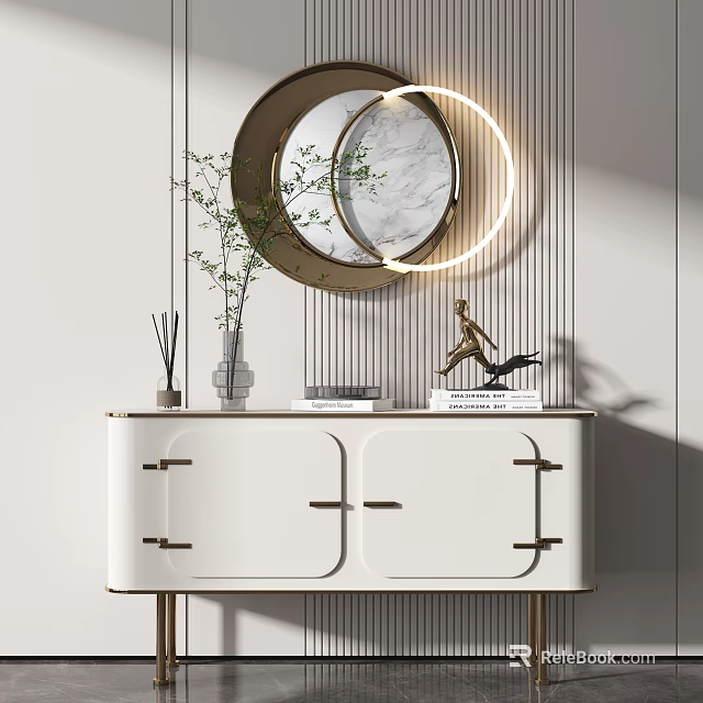 Modern White Entryway Console Table With Gold Handles Round Mirror And Green Plant Decor 3d model 