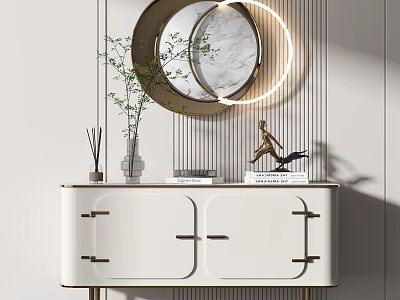 Modern White Entryway Console Table With Gold Handles Round Mirror And Green Plant Decor 3d model