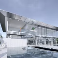 Modern Sales Office Building With Glass Curtain Wall And Pool Water Reflection Greenery