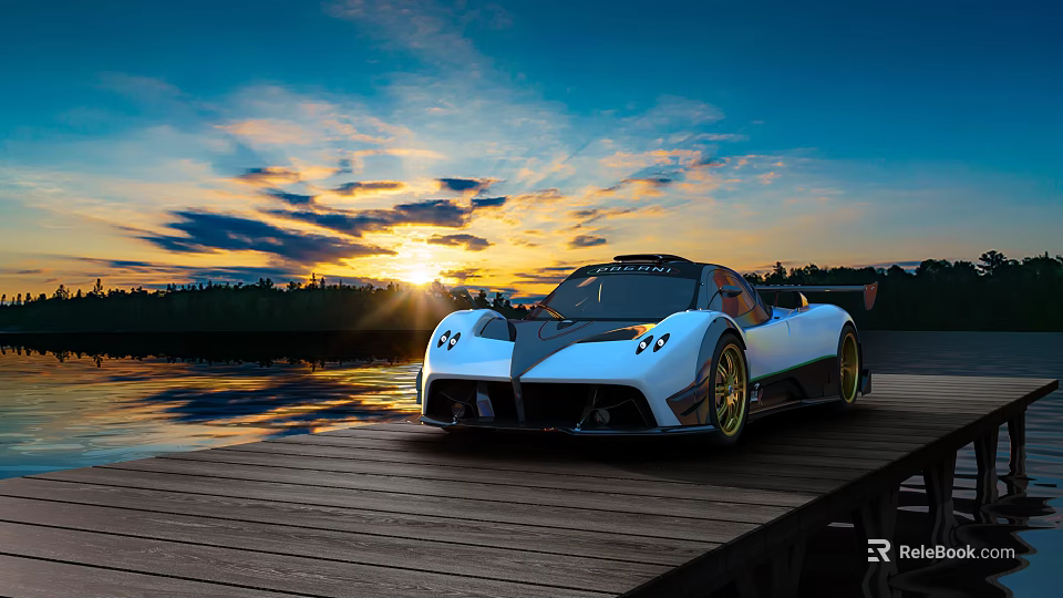 White Luxury Sports Car At Sunset Wooden Dock With Green Stripes Gold Wheels Water Reflection 3d model 