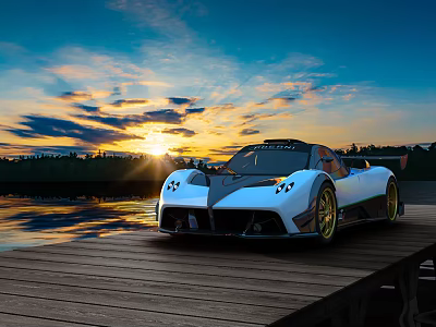 White Luxury Sports Car At Sunset Wooden Dock With Green Stripes Gold Wheels Water Reflection 3d model
