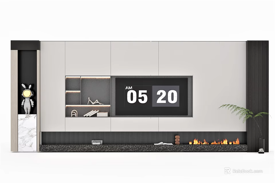 Modern TV Wall Design With Digital Time Display Fireplace And Decor Elements 3d model