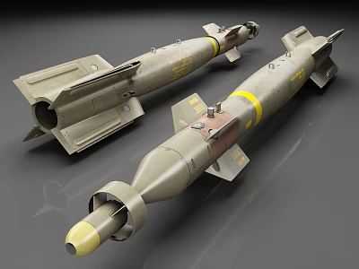 Two Detailed Military Missile Models With Yellow Stripes And Tail Fins 3d model