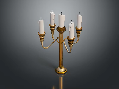 Decorative Golden Candelabra With Five White Candles And Ornate Base Design 3d model