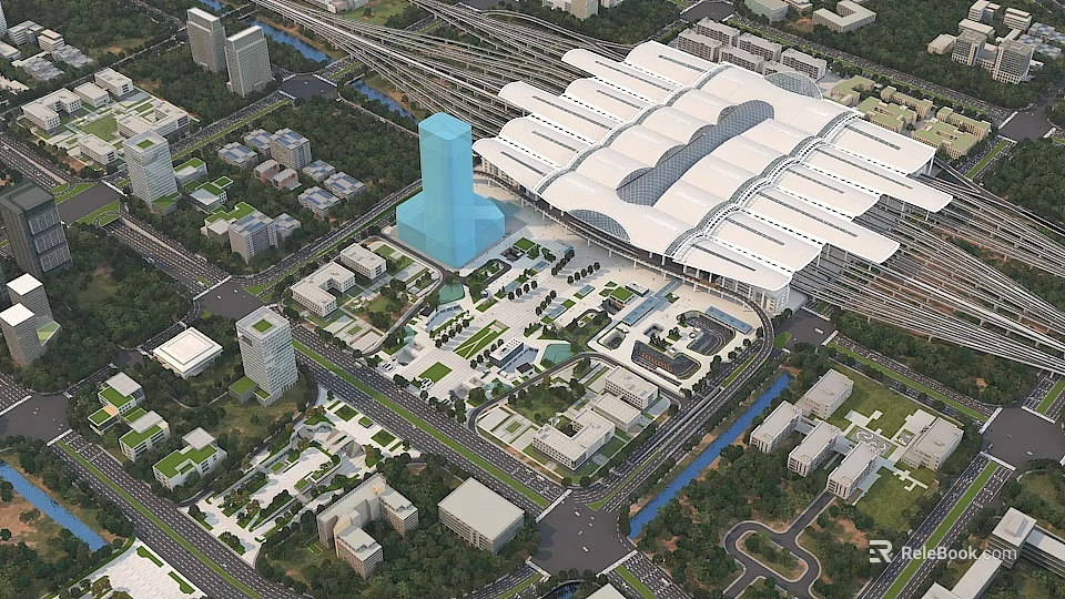 Aerial View Urban Planning of Modern Transport Hub with High Rise Buildings and Green Areas 3d model 