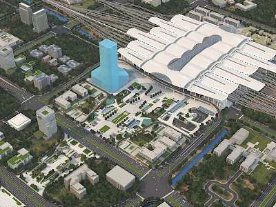 Aerial View Urban Planning of Modern Transport Hub with High Rise Buildings and Green Areas 3d model