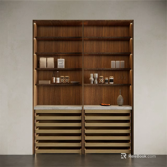 Modern Walnut Sideboard With Open Shelves Slatted Drawers And Decorative Items 3d model 