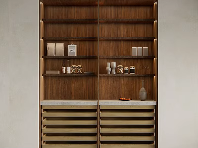 Modern Walnut Sideboard With Open Shelves Slatted Drawers And Decorative Items 3d model