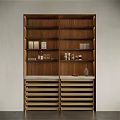 Modern Walnut Sideboard With Open Shelves Slatted Drawers And Decorative Items