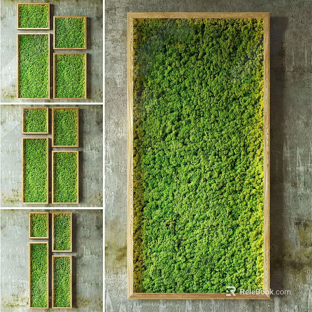Modern Natural Living Plant Wall With Green Moss And Wooden Frame On Concrete Wall 3d model 