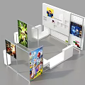 White Exhibition Booth With Multiple Display Panels And Colorful Posters 3d model
