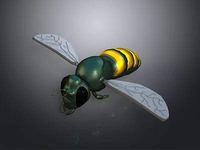 Realistic 3D Bee Model With Green Body Yellow Stripes And Transparent Wings 3d model