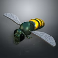 Realistic 3D Bee Model With Green Body Yellow Stripes And Transparent Wings