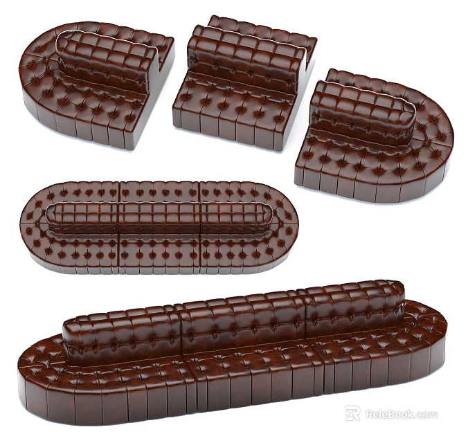 Unique Shaped Sofa With Tufted Brown Leather And Modular Curved Design Details 3d model