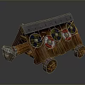 Ancient Weapon Medieval Wooden Chariot Equipped With Colorful Shields And Metal Wheels
