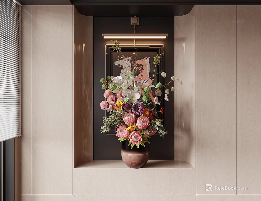 Colorful Flower Vase in Modern Interior Niche with Wooden Cabinet Linear Light and Painting 3d model 