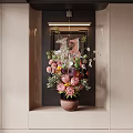 Colorful Flower Vase in Modern Interior Niche with Wooden Cabinet Linear Light and Painting
