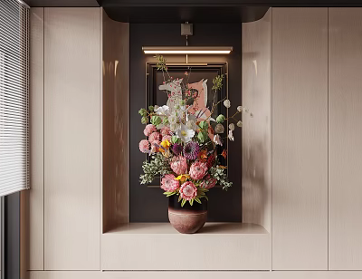 Colorful Flower Vase in Modern Interior Niche with Wooden Cabinet Linear Light and Painting 3d model