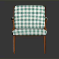 Blue And White Checkered Fabric Single Chair With Wooden Armrests And Legs