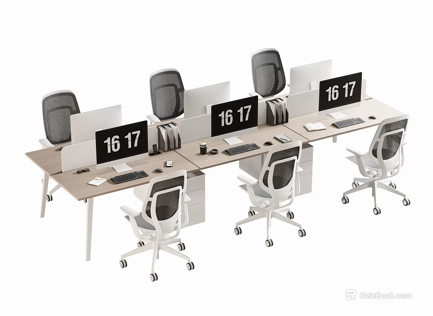 Modern Office Desk Setup With Multiple Computer Monitors And Ergonomic Chairs 3d model