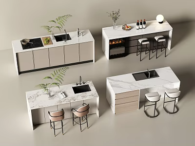 Modern Bar Counter Design With Marble Top Stools Cabinets And Plants 3d model