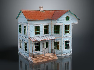 Cartoon Style Blue Two Story House with Red Roof Multiple Windows and Porch Steps 3d model