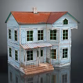 Cartoon Style Blue Two Story House with Red Roof Multiple Windows and Porch Steps