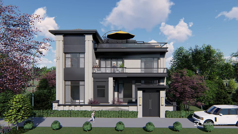 Modern Two Story Detached Villa Exterior With Balcony Roof Umbrella And Landscaping 3d model 