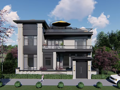 Modern Two Story Detached Villa Exterior With Balcony Roof Umbrella And Landscaping 3d model