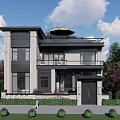 Modern Two Story Detached Villa Exterior With Balcony Roof Umbrella And Landscaping