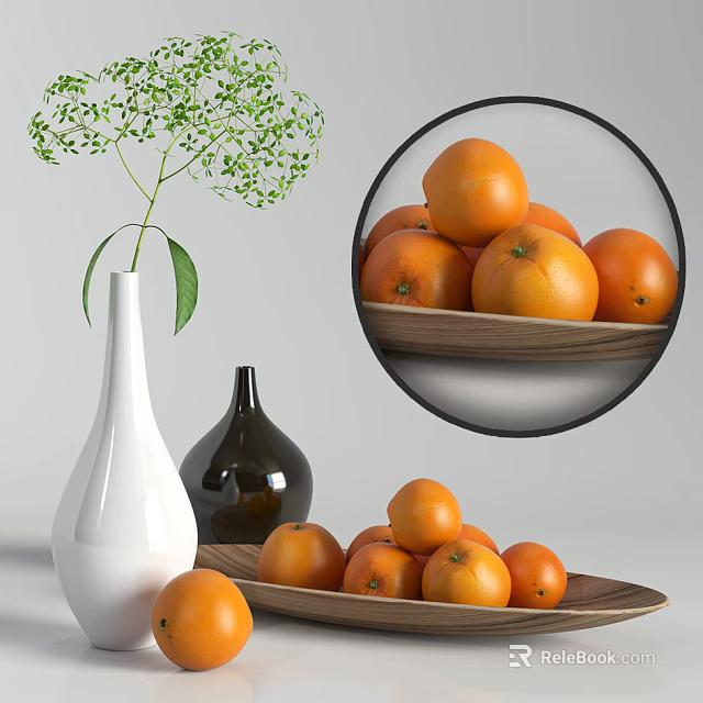 Fresh Ripe Oranges Arranged on Wooden Plate with White Vase and Green Leaf Plant 3d model 