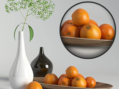 Fresh Ripe Oranges Arranged on Wooden Plate with White Vase and Green Leaf Plant 3d model