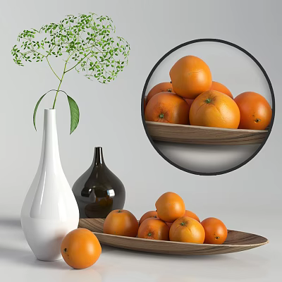 Fresh Ripe Oranges Arranged on Wooden Plate with White Vase and Green Leaf Plant 3d model