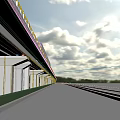 Elevated Bridge Featuring Red Train on Track Road Below Green Trees and Cloudy Sky 3d model