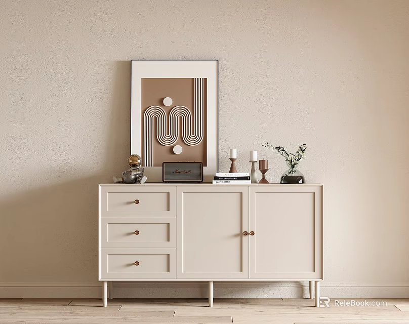Elegant Light Beige Entryway Console Cabinet With Framed Art And Decorative Candles 3d model