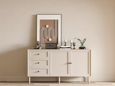 Elegant Light Beige Entryway Console Cabinet With Framed Art And Decorative Candles 3d model
