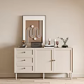 Elegant Light Beige Entryway Console Cabinet With Framed Art And Decorative Candles 3d model