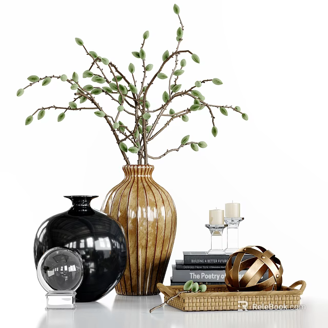 Decorative Ornament Set With Vases Willow Branches Books Candles And Golden Sphere Decor 3d model 