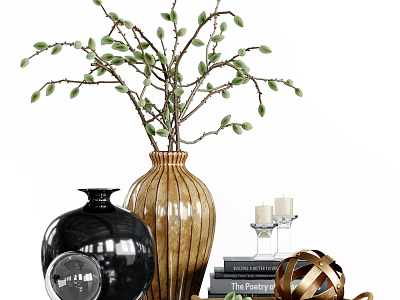 Decorative Ornament Set With Vases Willow Branches Books Candles And Golden Sphere Decor 3d model