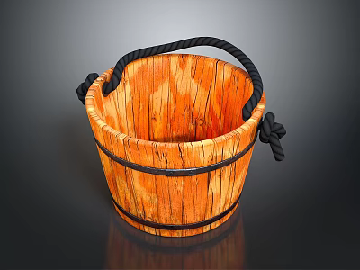 Wooden Bucket With Black Rope Handle And Natural Wood Grain Details 3d model
