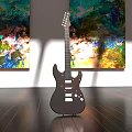 Electric Guitar and Colorful Art Paintings Displayed in Modern Gallery Space