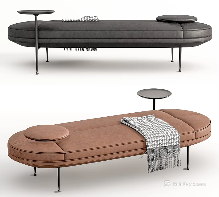 Modern Gray And Brown Ottoman With Round Cushion Plaid Blanket And Metal Legs Design 3d model 