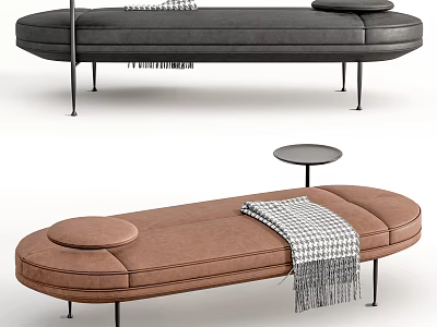 Modern Gray And Brown Ottoman With Round Cushion Plaid Blanket And Metal Legs Design 3d model