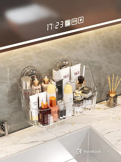 Transparent Acrylic Organizer With Neatly Arranged Skincare And Cosmetic Products On Bathroom Vanity 3d model 