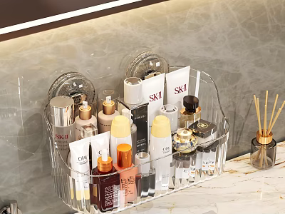 Transparent Acrylic Organizer With Neatly Arranged Skincare And Cosmetic Products On Bathroom Vanity 3d model