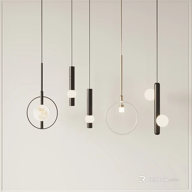 Modern Pendant Lights with Circular Frames Cylindrical Bodies and Sphere Bulbs for Contemporary Interior Decoration 3d model 
