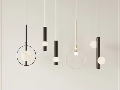 Modern Pendant Lights with Circular Frames Cylindrical Bodies and Sphere Bulbs for Contemporary Interior Decoration 3d model